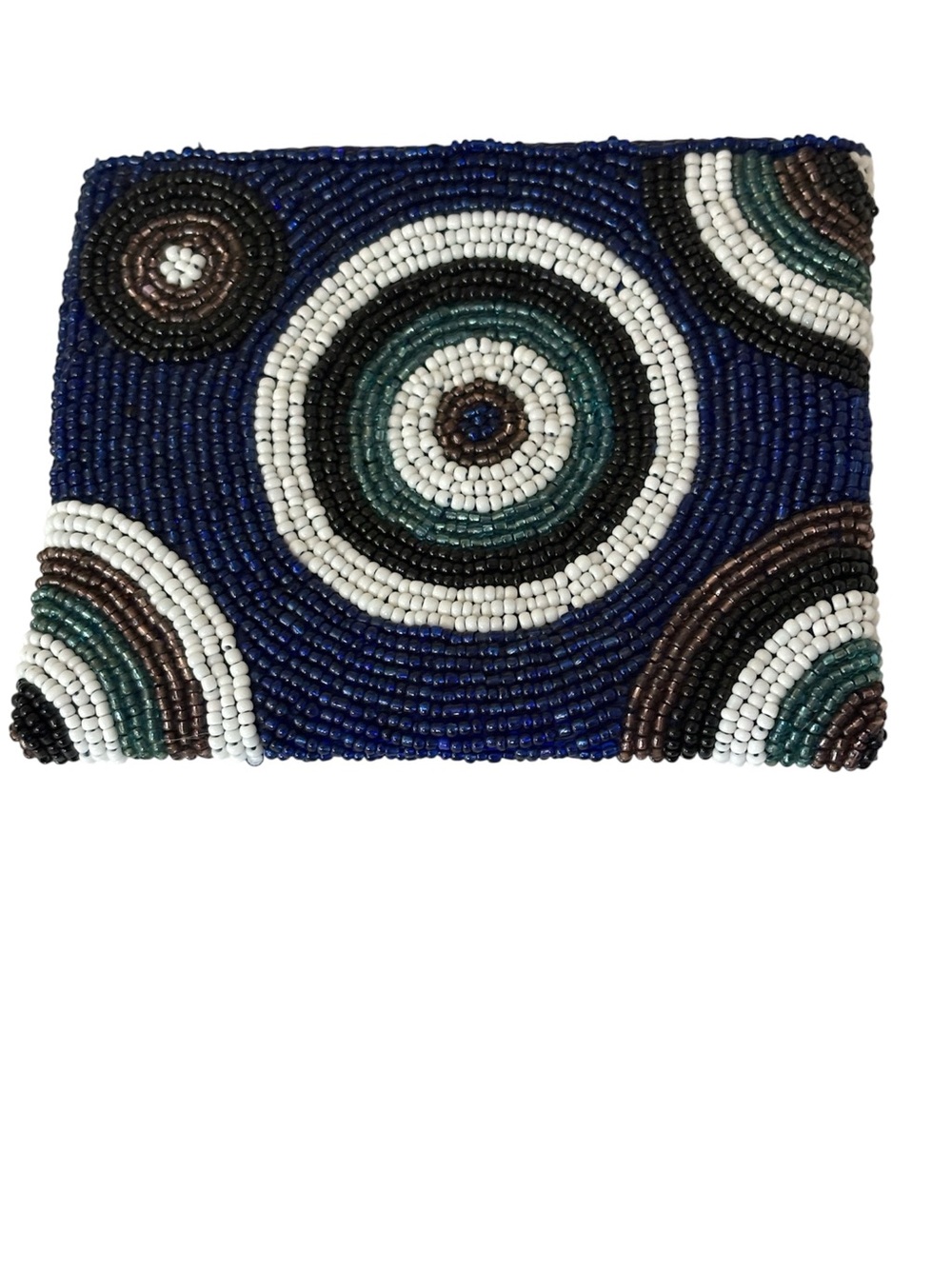 Beaded wallet featuring a distinctive bullseye concentric circle pattern, 5”x4”